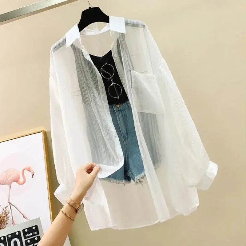 Women's Sheer Chiffon Cardigan Top – Loose Korean Harajuku Style Blouse | S–L