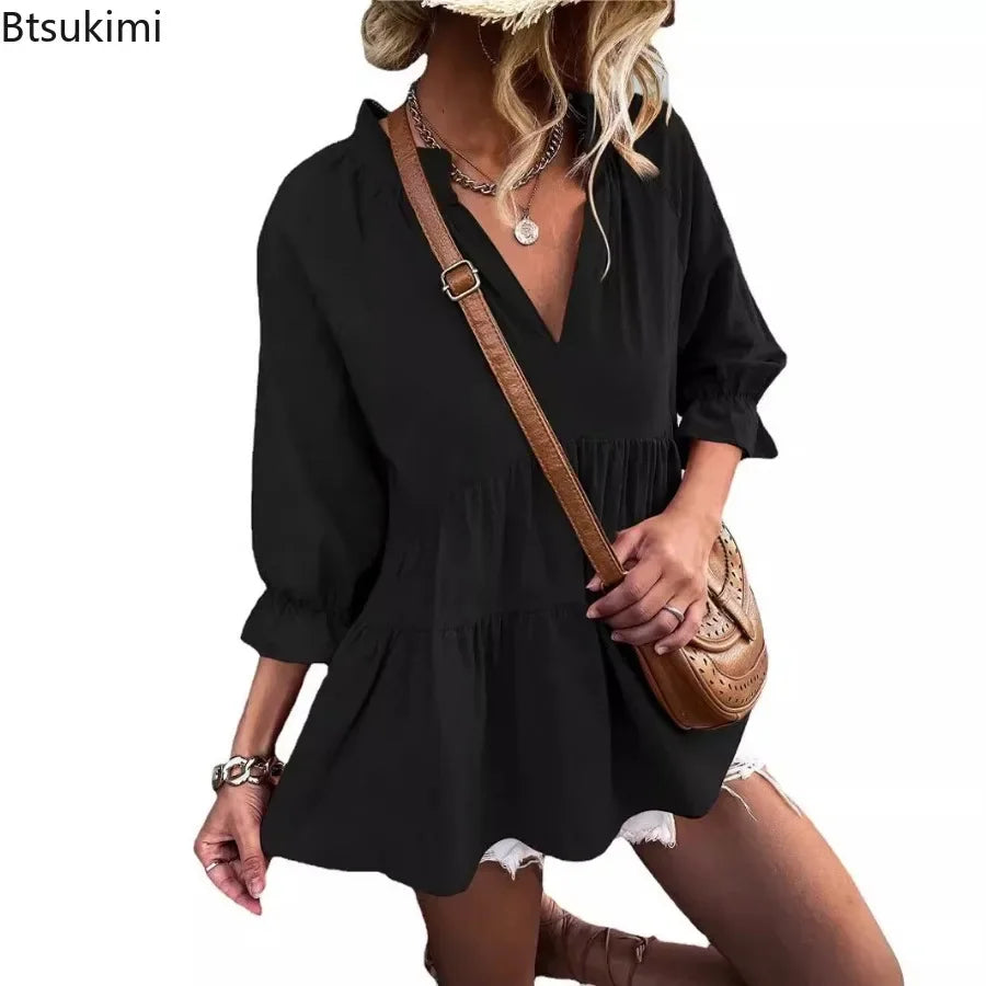Women's V-Neck Pleated Loose Blouse – Casual Spring Summer Short Top | S–XXL