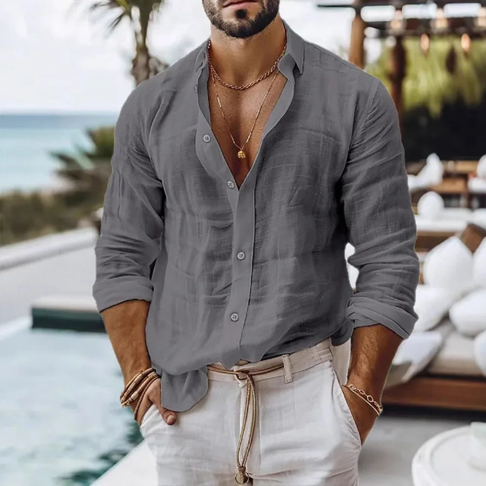 FURCW Men's Cotton-Linen Long Sleeve Beach Shirt — Breathable, Single Breasted | Summer Casual Button Shirt