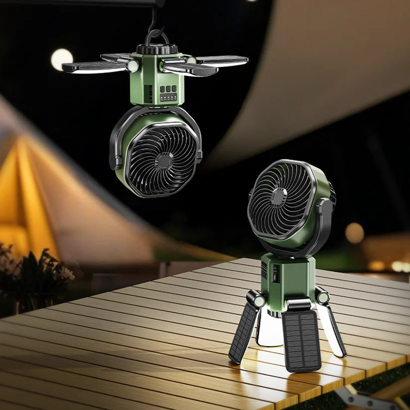 Solar Camping Fan with Auto-Shake & Ceiling Light – Portable Long-Lasting Outdoor Electric Fan