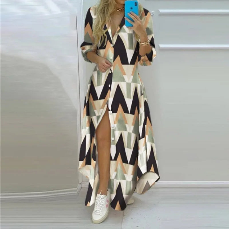 Women's Printed Shirt Dress – Lapel, Long Irregular Hem | S–XL