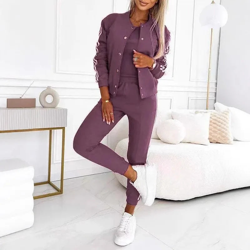 Women's 3-Piece Tracksuit Set – Vest Top, Slim Coat & Skinny Pants Loungewear