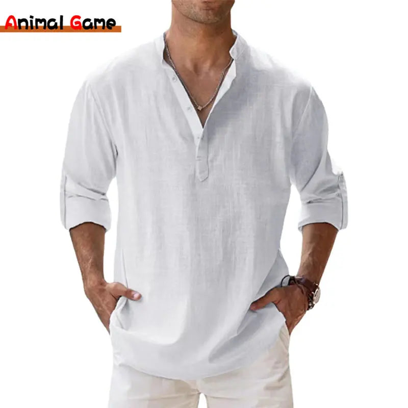 ANIMAL GAME Men's Cotton-Linen Henley Long Sleeve Shirt — Lightweight, Breathable | Beach & Casual Shirt