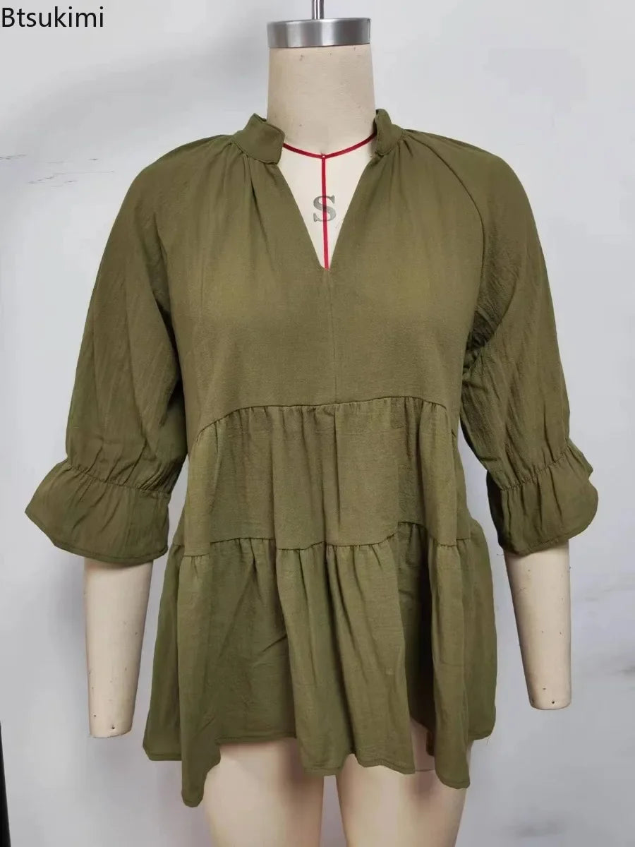 Women's V-Neck Pleated Loose Blouse – Casual Spring Summer Short Top | S–XXL