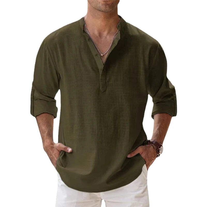 ANIMAL GAME Men's Cotton-Linen Henley Long Sleeve Shirt — Lightweight, Breathable | Beach & Casual Shirt
