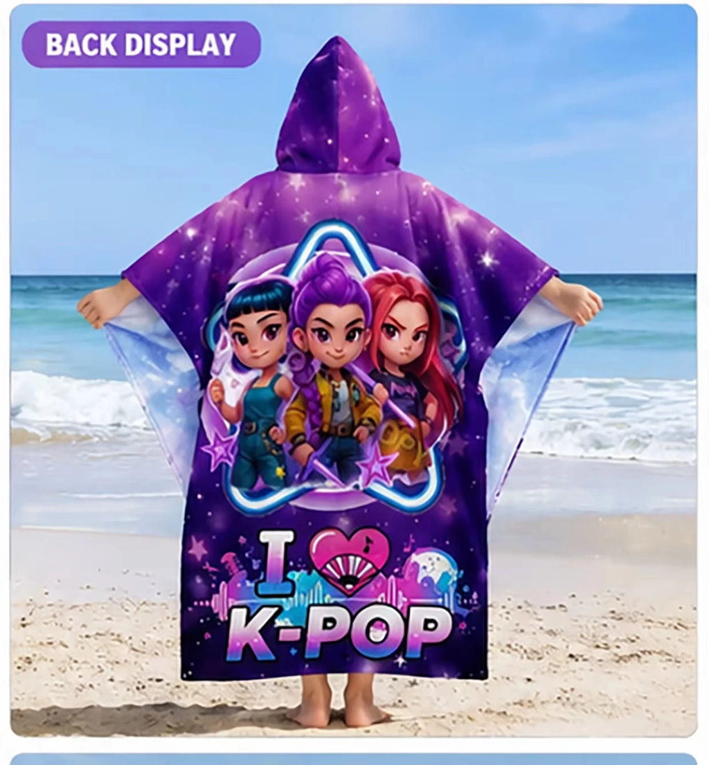 Kids Hooded Beach Towel Poncho – Purple Starry Girls Bath Robe for Swimming & Beach