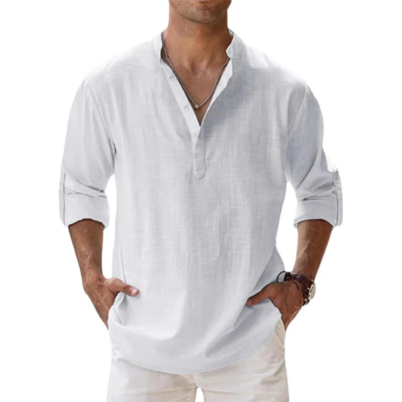 ANIMAL GAME Men's Cotton-Linen Henley Long Sleeve Shirt — Lightweight, Breathable | Beach & Casual Shirt