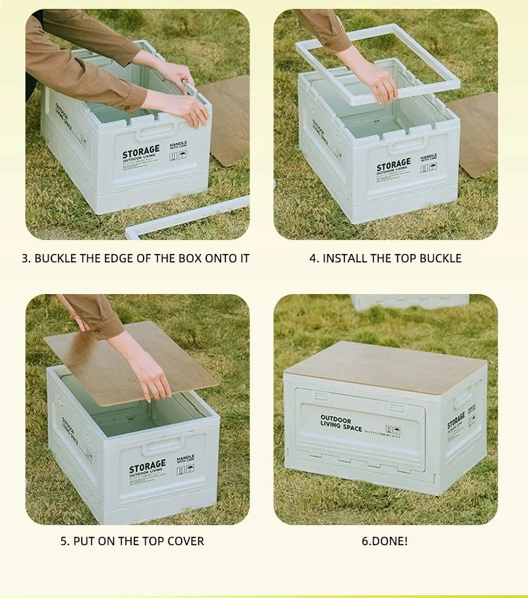 Foldable Camping Storage Box – Wooden Lid Organizer with Industrial Design for Car Trunk & Outdoor Use