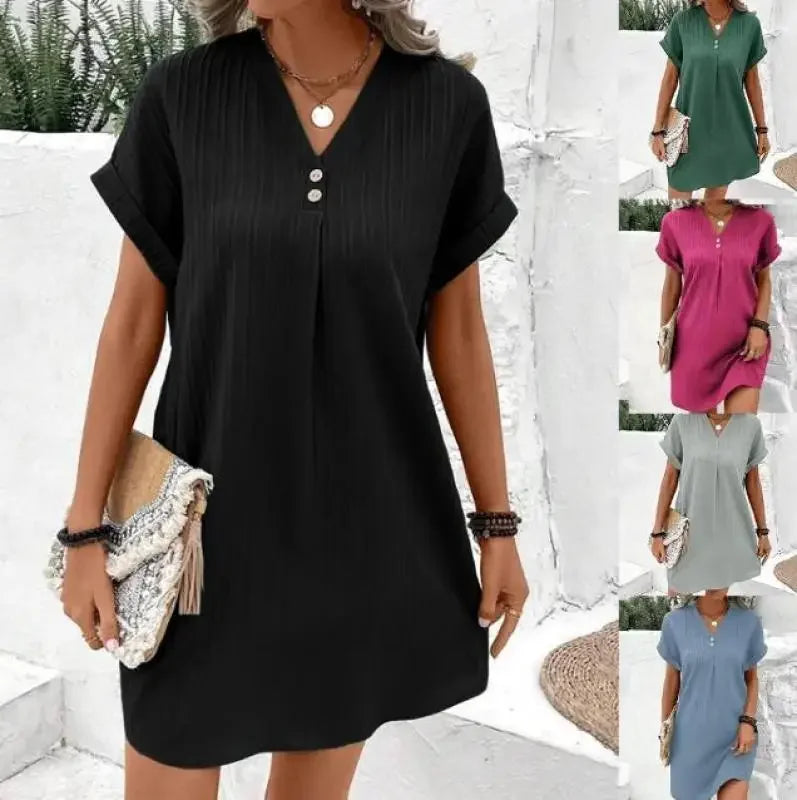 Women's V-Neck T-Shirt Sundress – Loose Short Sleeve Beach Dress | S–XXXL