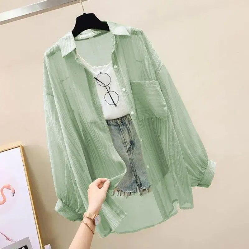 Women's Sheer Chiffon Cardigan Top – Loose Korean Harajuku Style Blouse | S–L