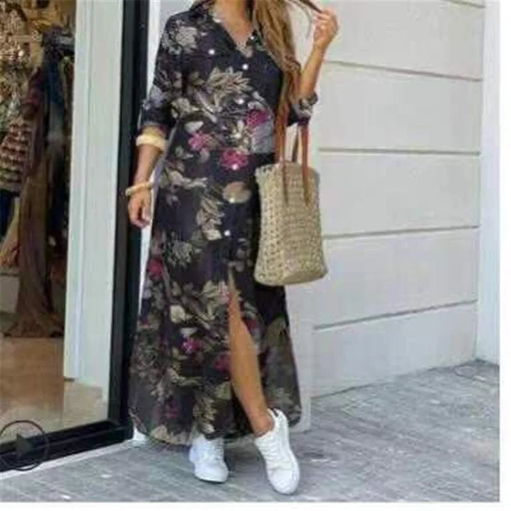 Women's Printed Long Shirt Dress – Loose Lapel Single-Breasted Casual | XS–XXXL