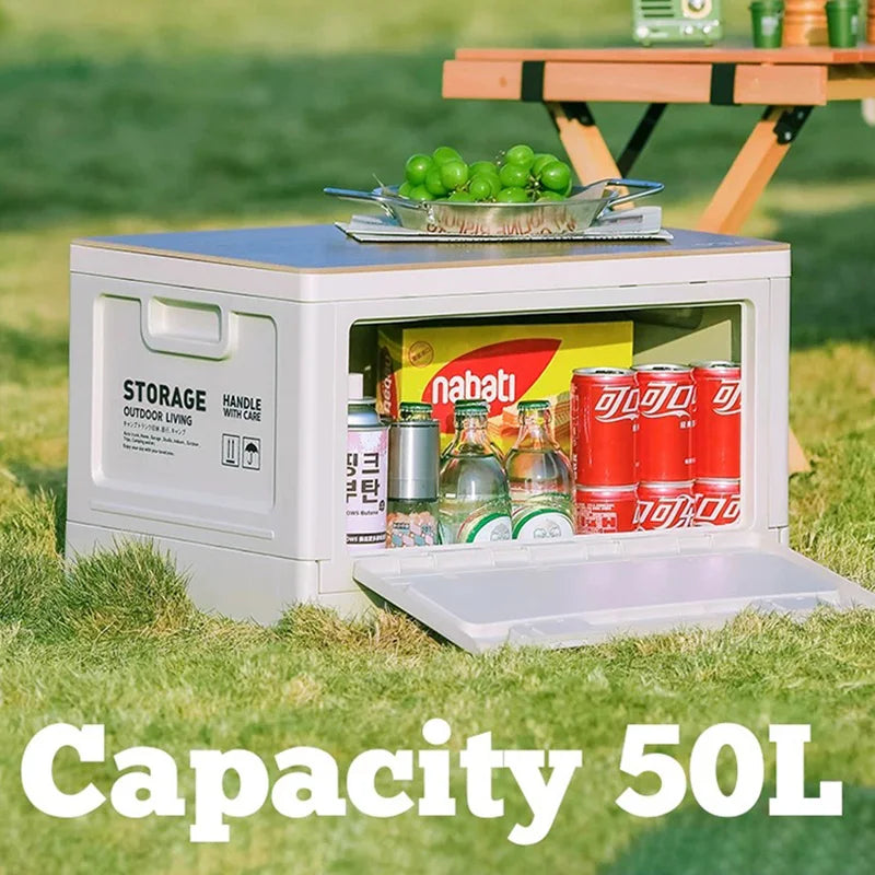 Foldable Camping Storage Box – Wooden Lid Organizer with Industrial Design for Car Trunk & Outdoor Use