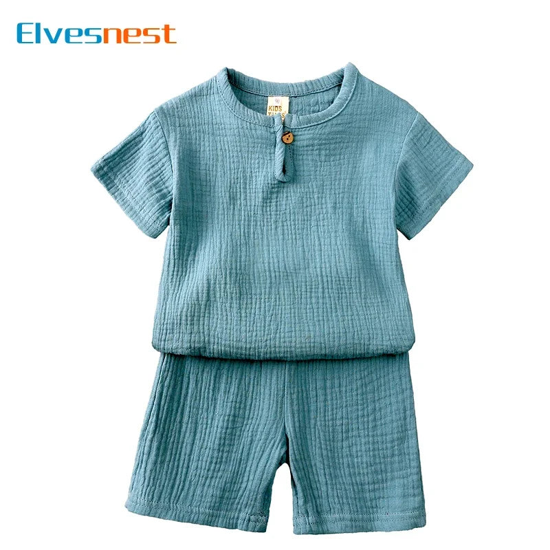 Kids Summer Cotton Linen Clothing Set | Short Sleeve Top & Shorts for Boys & Girls Ages 2–7