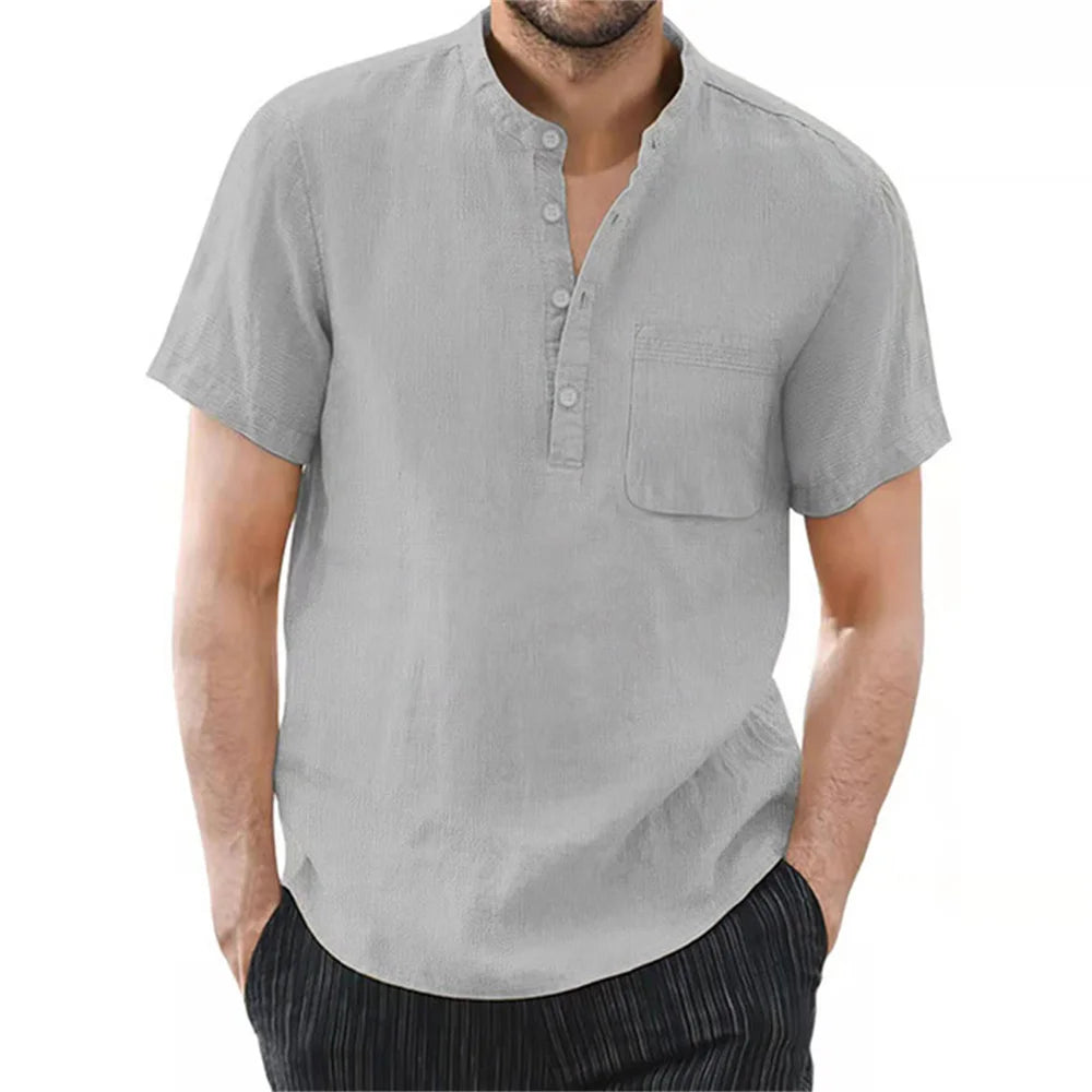 FURCW Men's Cotton-Linen Short Sleeve Shirt — Breathable, Solid Colour | Casual Summer T-Shirt