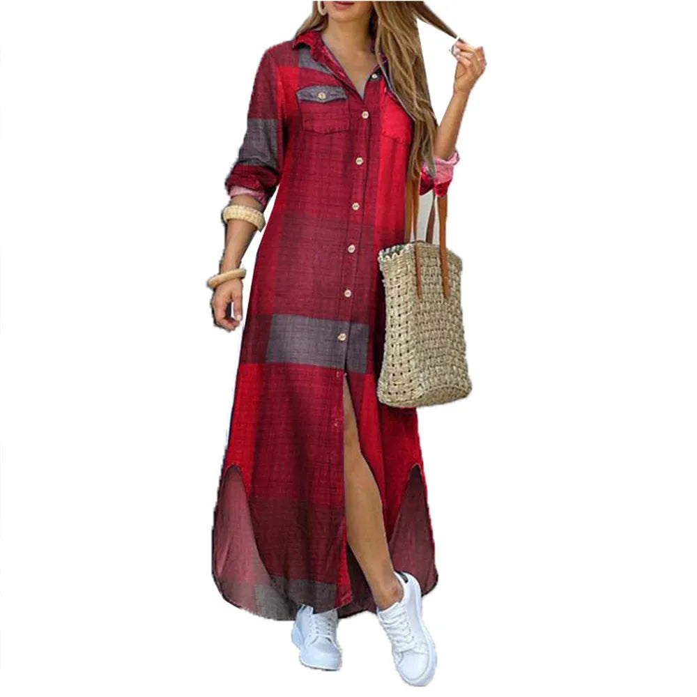 Women's Printed Long Shirt Dress – Loose Lapel Single-Breasted | S–XXXL