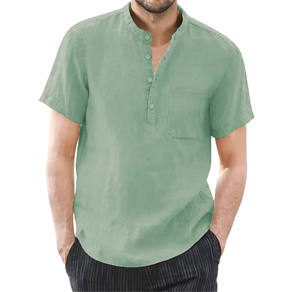 FURCW Men's Cotton-Linen Short Sleeve Shirt — Breathable, Solid Colour | Casual Summer T-Shirt