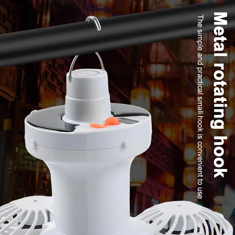 Solar Powered Camping Fan with LED Lantern – Rechargeable USB Hanging Tent Light & Ventilator