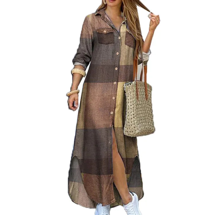 Women's Printed Long Shirt Dress – Loose Lapel Single-Breasted | S–XXXL