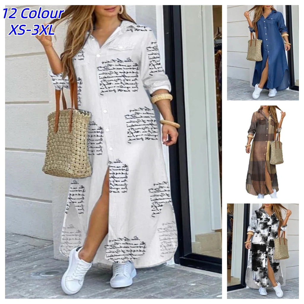 Women's Printed Long Shirt Dress – Loose Lapel Single-Breasted Casual | XS–XXXL