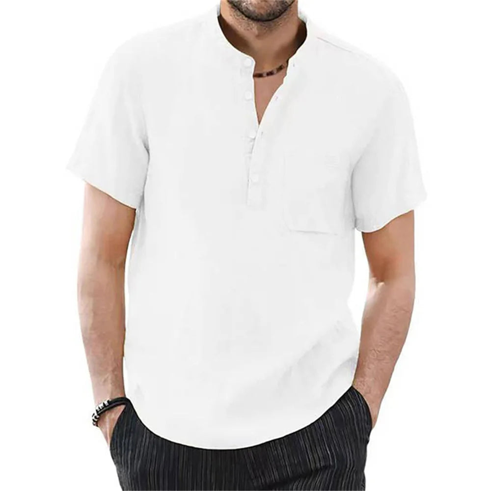 FURCW Men's Cotton-Linen Short Sleeve Shirt — Breathable, Solid Colour | Casual Summer T-Shirt