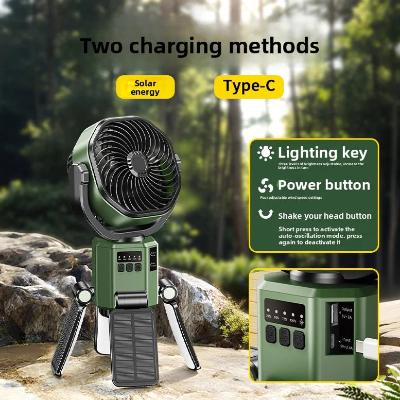 Solar Camping Fan with Auto-Shake & Ceiling Light – Portable Long-Lasting Outdoor Electric Fan