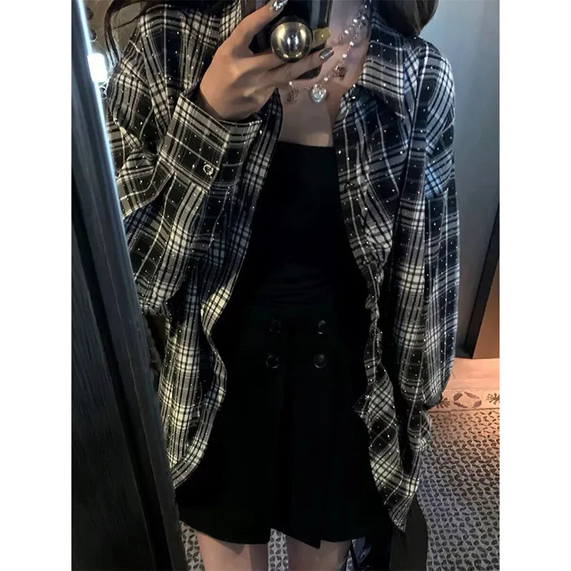 Women's Rhinestone Plaid Loose Shirt – Shiny Single-Breasted Casual Blouse | M–XXXL
