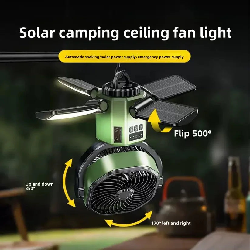 Solar Camping Fan with Auto-Shake & Ceiling Light – Portable Long-Lasting Outdoor Electric Fan