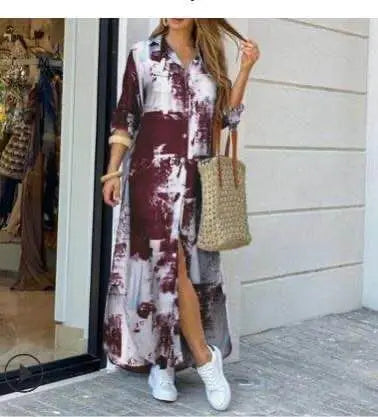 Women's Printed Long Shirt Dress – Loose Lapel Single-Breasted | S–XXXL