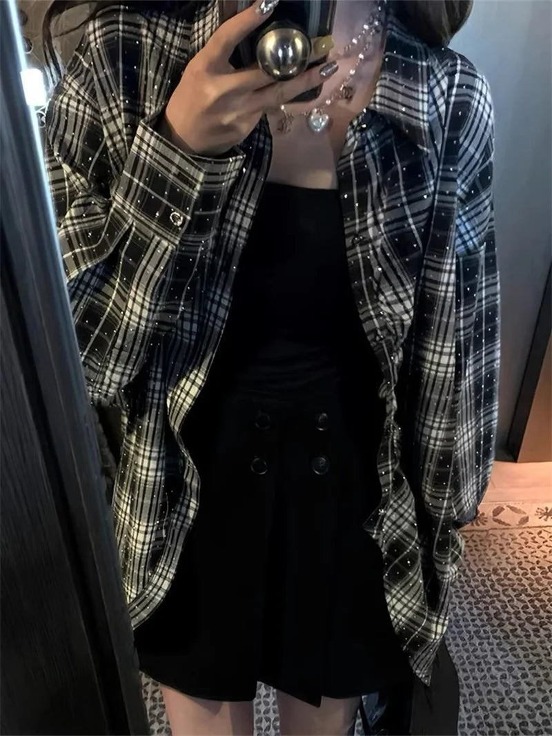 Women's Rhinestone Plaid Loose Shirt – Shiny Single-Breasted Casual Blouse | M–XXXL