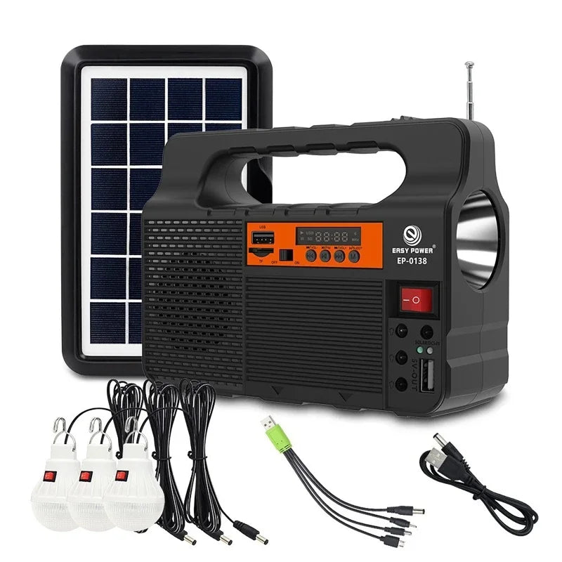 Solar Power Generator Kit – 3 LED Bulbs, FM Radio, Bluetooth Speaker & USB Charging for Camping & Load Shedding