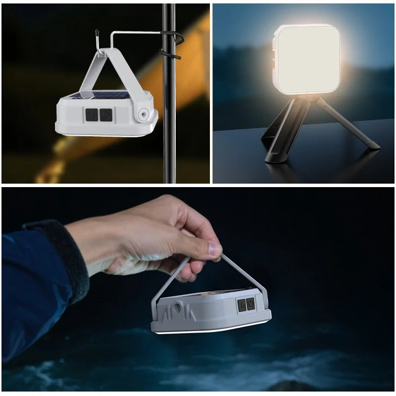 Solar Hanging Camping Lamp with Digital Power Display — Rechargeable, Phone Charging, 6 Light Modes