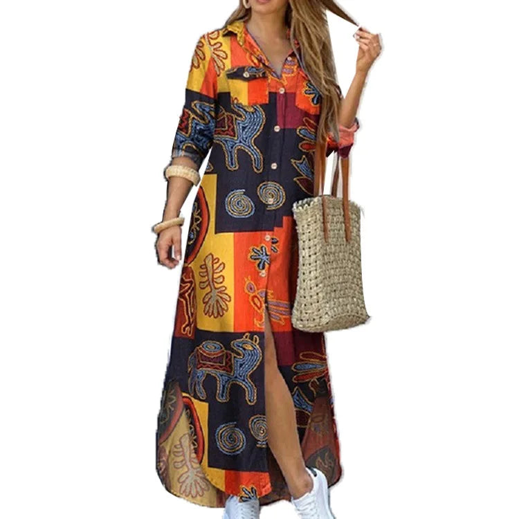 Women's Printed Long Shirt Dress – Loose Lapel Single-Breasted Casual | XS–XXXL