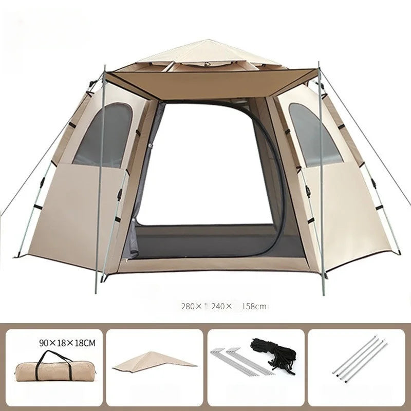 Hexagonal Auto-Open Camping Tent – 3–4 Person, Rainproof, Mosquito-Proof (S & L)