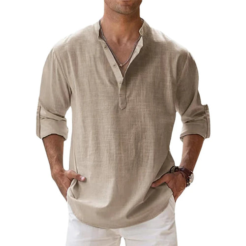 ANIMAL GAME Men's Cotton-Linen Henley Long Sleeve Shirt — Lightweight, Breathable | Beach & Casual Shirt