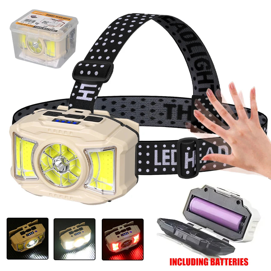 LED Induction Headlamp — 4 Modes, Gesture Sensor, Type-C Rechargeable | Camping, Fishing & Hiking
