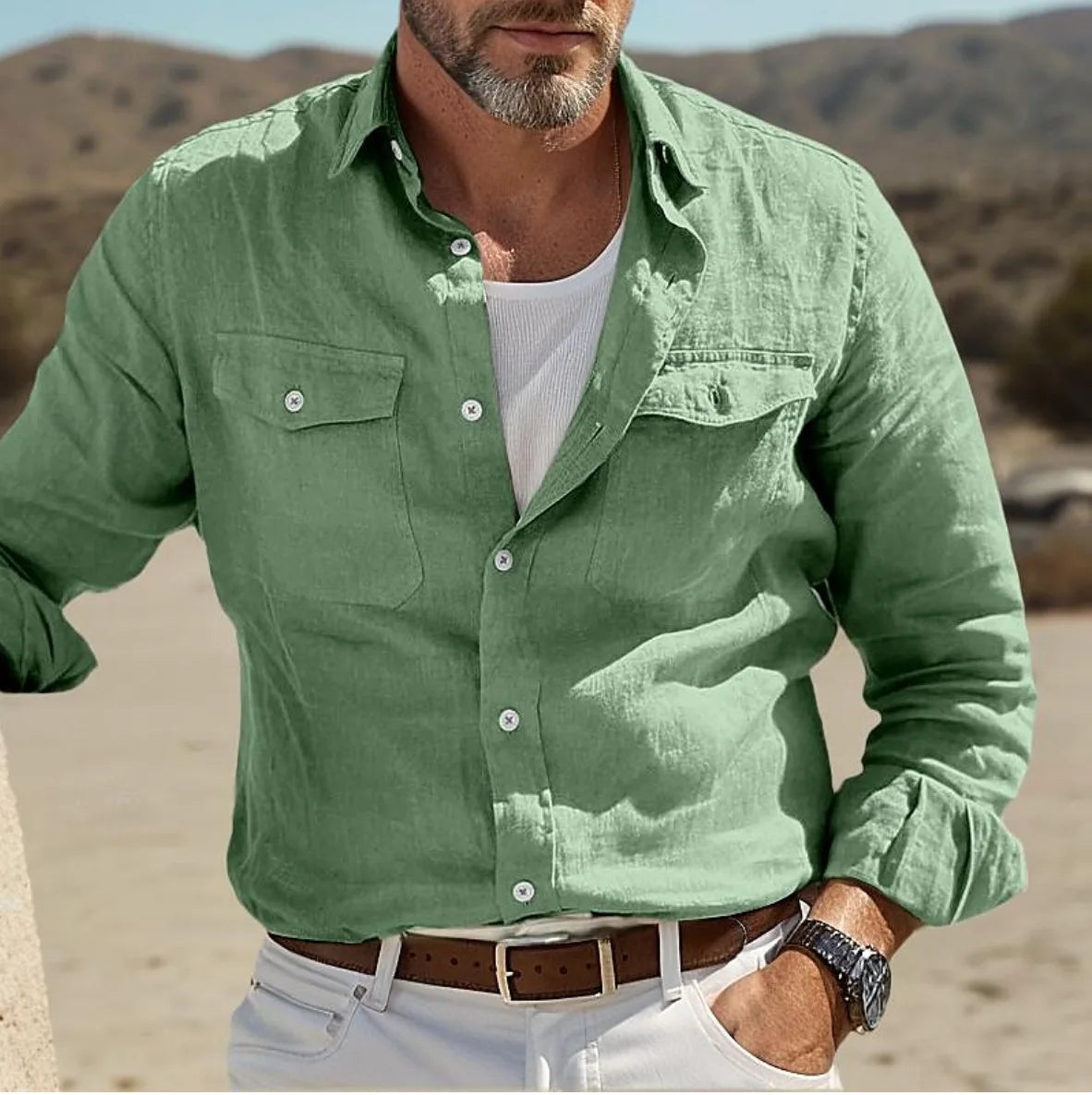 Men's Cotton-Blend Long Sleeve Casual Shirt — Turn-Down Collar, Single Breasted | Business & Gentleman Style