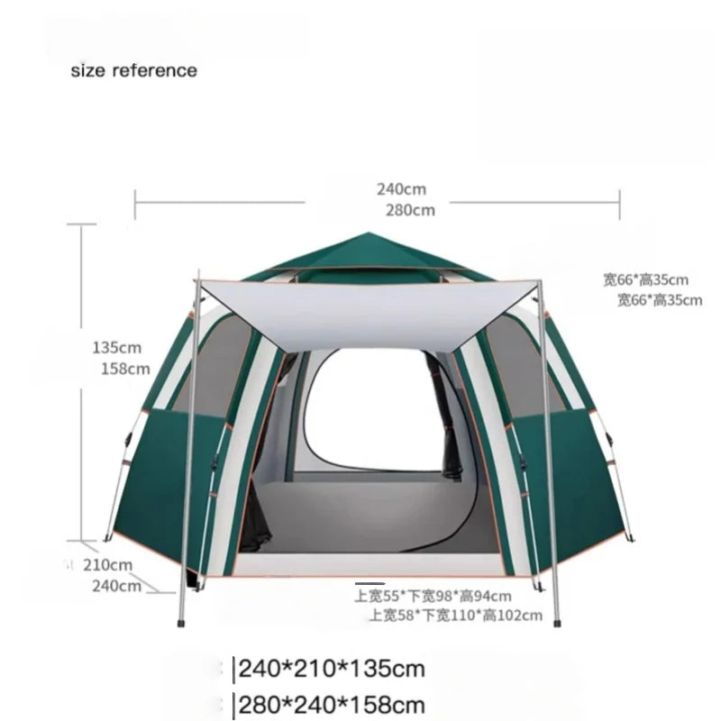 Hexagonal Auto-Open Camping Tent – 3–4 Person, Rainproof, Mosquito-Proof (S & L)