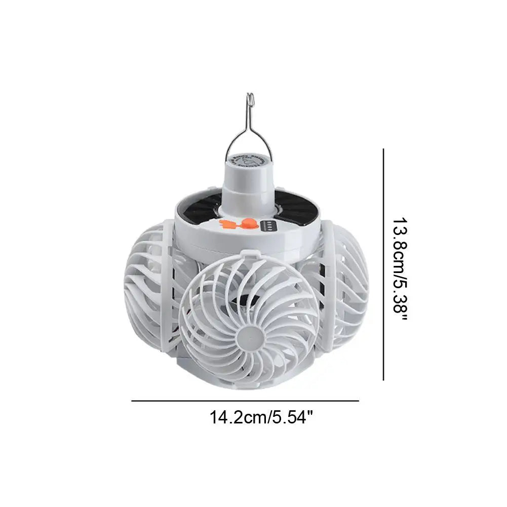 Solar Powered Camping Fan with LED Lantern – Rechargeable USB Hanging Tent Light & Ventilator