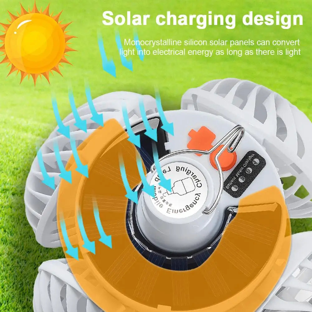 Solar Powered Camping Fan with LED Lantern – Rechargeable USB Hanging Tent Light & Ventilator