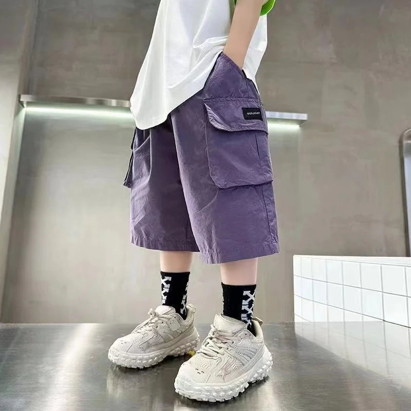 Boys Cotton Cargo Shorts | Big Pocket Summer Pants | Ages 3–14 | Purple & Khaki