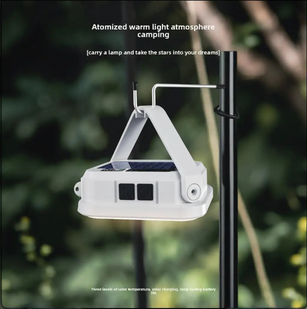 Solar Hanging Camping Lamp with Digital Power Display — Rechargeable, Phone Charging, 6 Light Modes