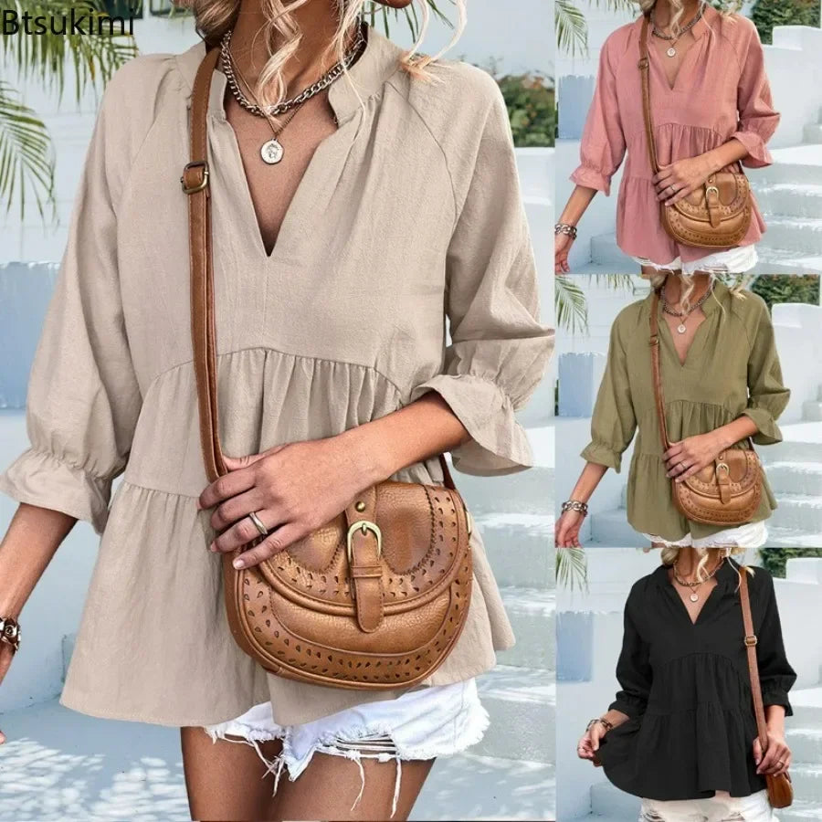 Women's V-Neck Pleated Loose Blouse – Casual Spring Summer Short Top | S–XXL