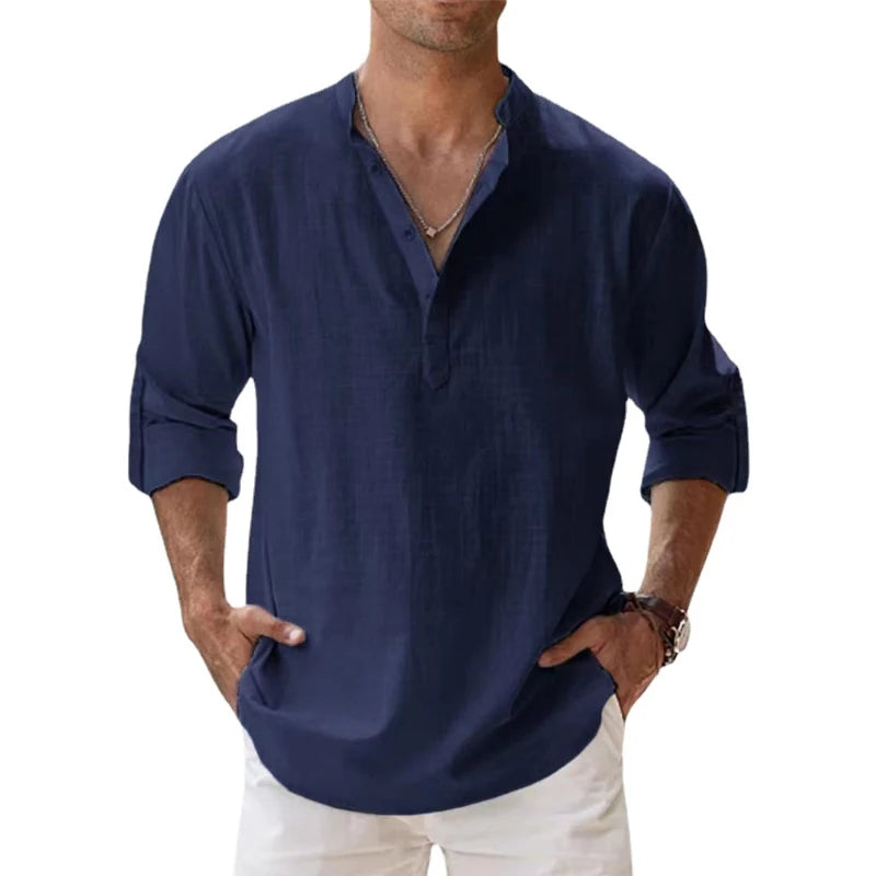 ANIMAL GAME Men's Cotton-Linen Henley Long Sleeve Shirt — Lightweight, Breathable | Beach & Casual Shirt