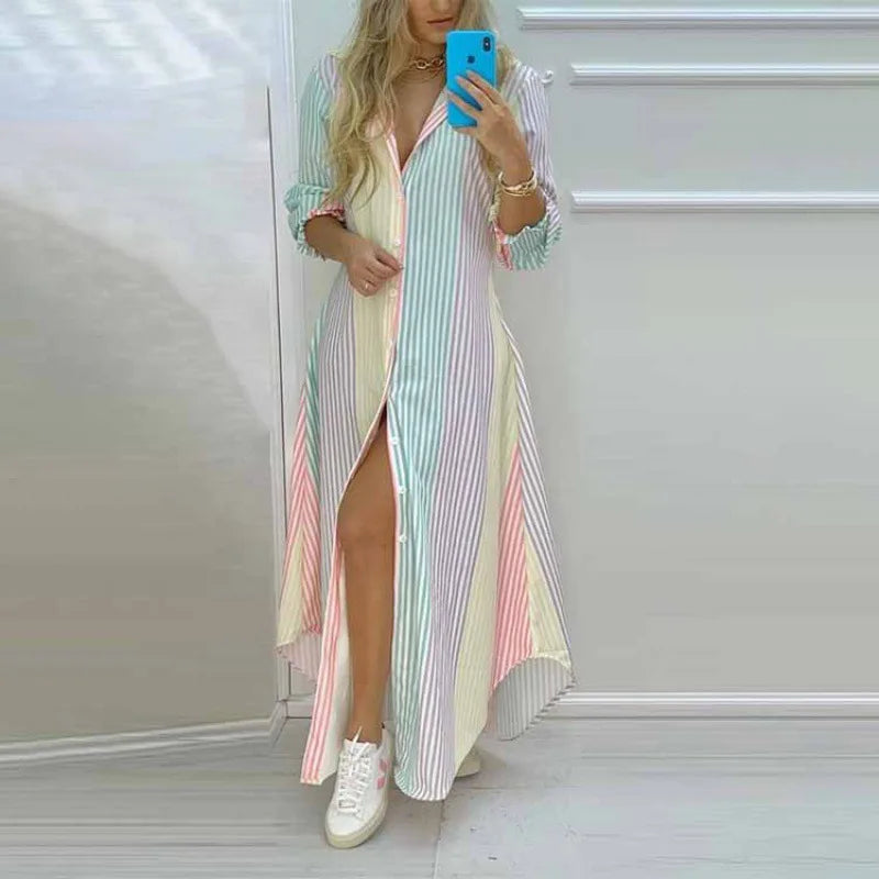 Women's Printed Shirt Dress – Lapel, Long Irregular Hem | S–XL
