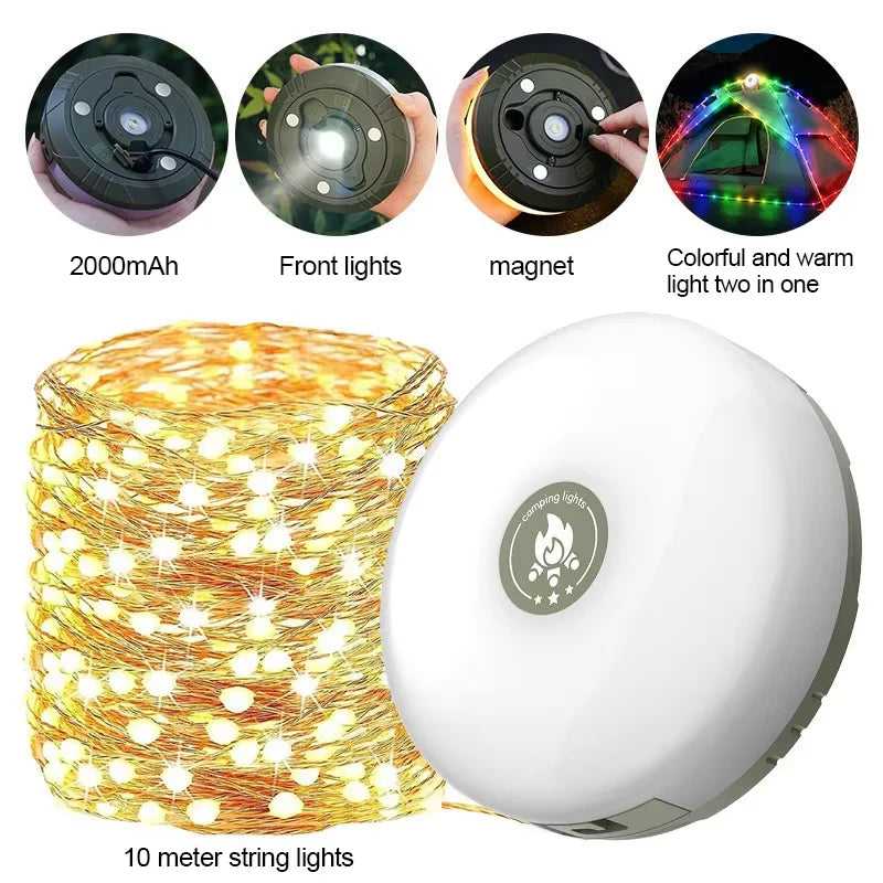 10M LED Camping Reel Strip Light — Rechargeable, Magnetic, Power Bank Function | Tent & Outdoor Atmosphere Light