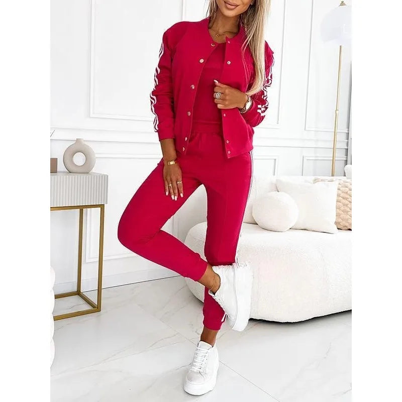 Women's 3-Piece Tracksuit Set – Vest Top, Slim Coat & Skinny Pants Loungewear