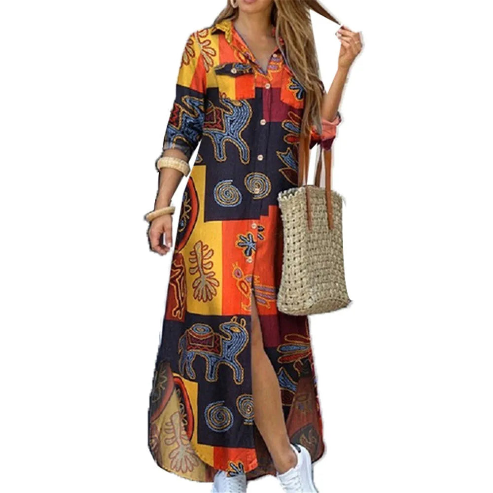Women's Printed Long Shirt Dress – Loose Lapel Single-Breasted Casual | XS–XXXL