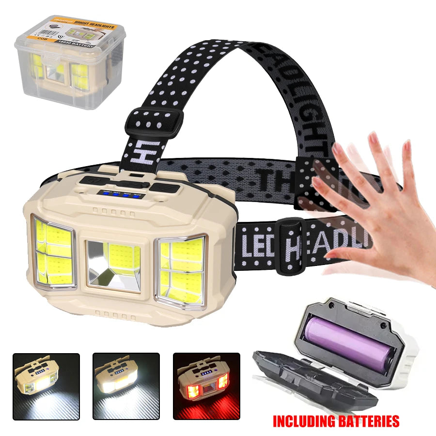 LED Induction Headlamp — 4 Modes, Gesture Sensor, Type-C Rechargeable | Camping, Fishing & Hiking