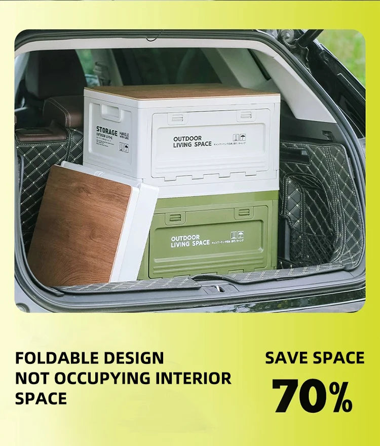 Foldable Camping Storage Box – Wooden Lid Organizer with Industrial Design for Car Trunk & Outdoor Use