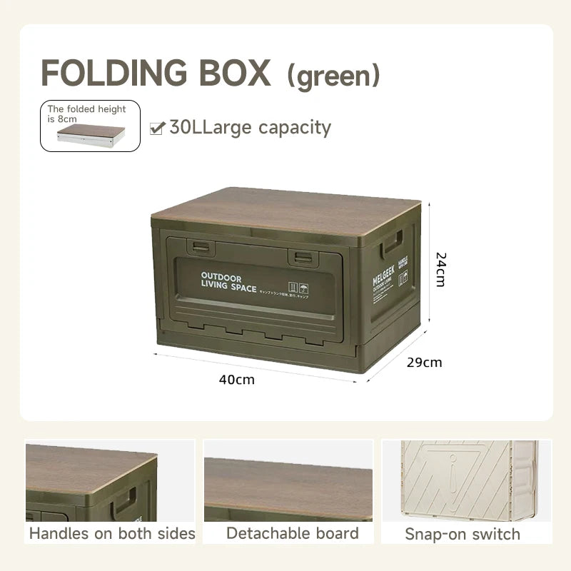 Foldable Camping Storage Box – Wooden Lid Organizer with Industrial Design for Car Trunk & Outdoor Use